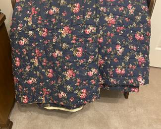 Vintage twin size quilts (2) and shams with wood quilt rack