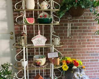 Vintage Brass Bakers Rack and beautiful screened in porch home decor
