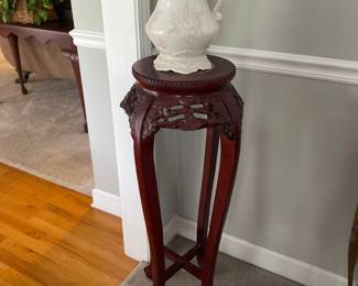 Marble Inlaid Carved Mahogany Plant Stand / Lamp Table
