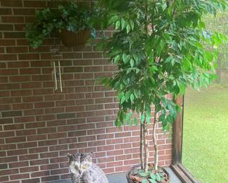 Faux ficus tree and vintage ceramic owl