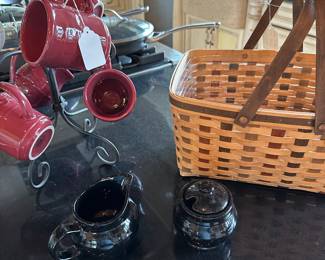 Longaberger stand with 6 coffee mugs and black sugar and creamer