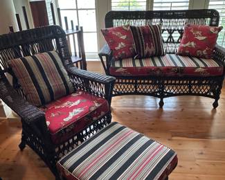 Antique wicker chaise chair and footstool
With cowboy theme fabric
Very expensive fabric