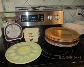 Vintage scales, charger plates and egg plate
