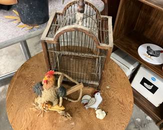 Wooden, Wire Bird Cage - Chicken Decor - Stained Glass Chicken Night Light