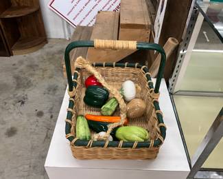 Wicker Basket w/Handle with Glass Vegi's
