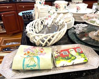 Kitchen is filled with all sorts of serving pieces and decor