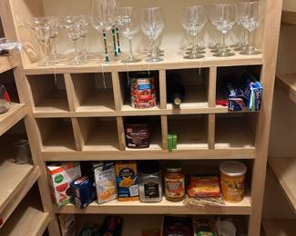 Wine glasses, and food items
