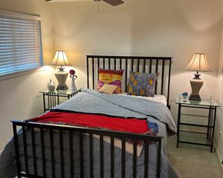 Iron Bed with glass top nightstands including mattress and box springs