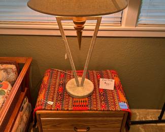 Modern Lamp
Oak drawer end table
Hand woven Runner from Mexico