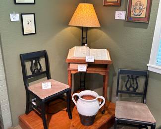 Vintage Dictionaries
Vintage Book Stand
Floor Lamp
Pair of Lyre Back Chairs