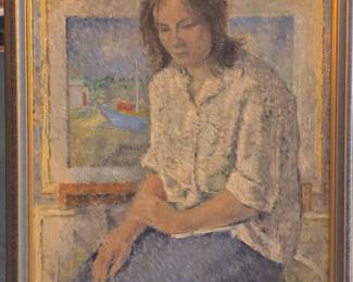 French portrait. Oil on board. Contemplative woman.