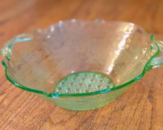 Stunning Uranium glass bowl, delicate handles and etched design. Stunning