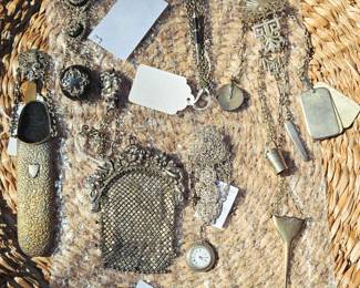 Victorian Chateliains snd accessories in 925 and other materials, several finger hung bottles [ vinaigrette or perfume] and an amazing art nouveau era Whiting and Davis chain mail purse on a Chatelaine clip