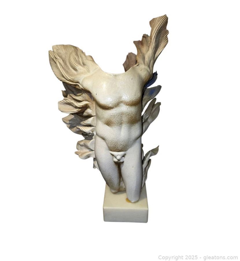Winged Male Torso Statue Set to a White Alabaster Plinth