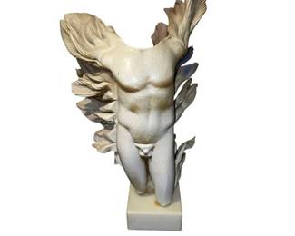 Winged Male Torso Statue Set to a White Alabaster Plinth