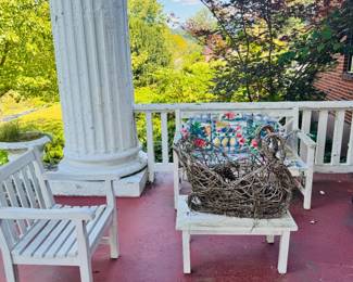 WOODEN OUTDOOR SETTEE, TABLE AND CHAIR