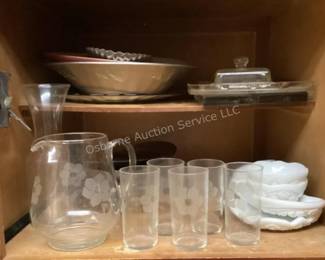 Milk glass, etched glasses with pitcher & more