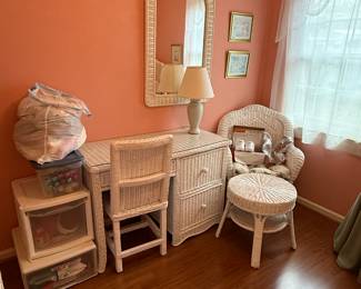 White wicker twin bedroom set includes 7 pieces and mattress and box springs
