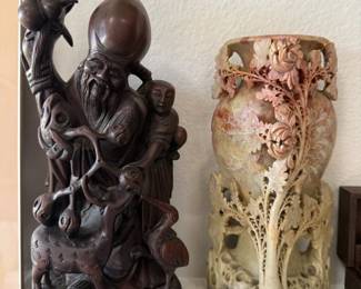 Hand carved soapstone. Wood. Jade. Bone etc