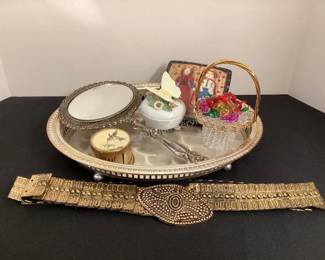 Dresser tray & items, vintage stretch belt