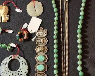 Jade Necklace, Victorian Watch Chain, Egyptian Revival Bracelet, Carved Jade