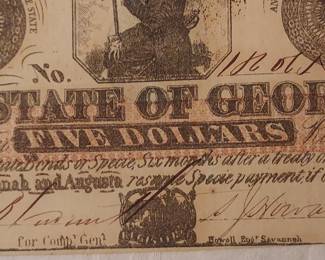 Genuine Civil War Era Five Dollar Note 1862 The State of Georgia - Milledgeville, Ga. Bears state of Georgia stamp on reverse. Excellent condition