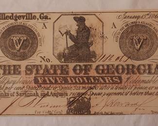 Genuine Civil War Era Five Dollar Note 1862 The State of Georgia - Milledgeville, Ga. Bears state of Georgia stamp on reverse. Excellent condition
