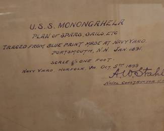 U.S.S. Monongahela traced from Blue Print  Plans of Spars, Sails. Etc. made at Navy Yard 1891
A.W. Stahl naval constructor U.S.N
Large framed Plans... very faint and hard to photograph. 