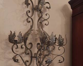 Large Pair Wrought Iron Tole  Wall 3 Arm Sconces