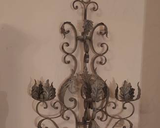 Large Pair Wrought Iron Tole  Wall 3 Arm Sconces