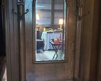 Antique Victorian Tiger Oak Hall Tree w/ Arched Beveled Glass Mirror
