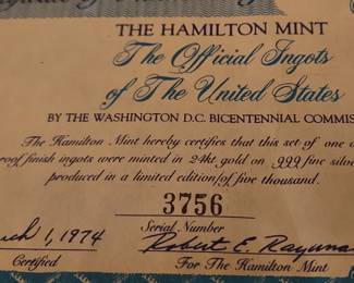United States Hamilton Mint Set 24k on .999 Silver United States Bars Ingot set
Each bar weighs 50 troy oz. 1 oz 
The bars are minted by Hamilton Mint, a trusted brand in the bullion industry made in they are pure silver with 24k gold plating. 