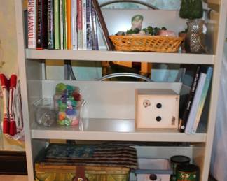 basket Purse, Books, Shelf, Tins