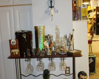 Wine Glasses and Rack, Bottles, Bar Items