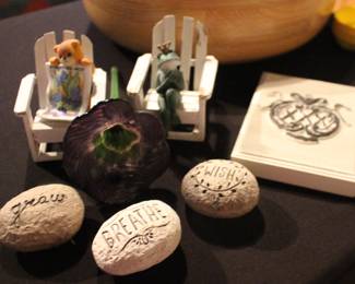 Glass Flower, Lettered Stones, Tiny Frog on Chair