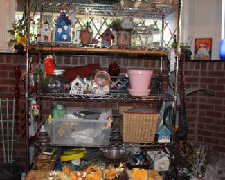 Shelf with bird houses, Planter, Basket and Garden Items