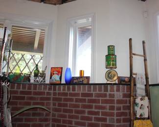Blue Vase, Ad, Scale, with 2 Advertising Tins, Wood Ladder and Linens