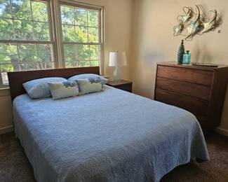 MidCentury Queen size bed. Full set includes, chest of drawers, double dresser with mirror and nightstand