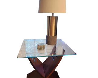 One of a pair of glass top contemporary end tables with "X" wooden base