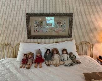 Dollies , Victorian Valentine Collage, Twin Brass Headboards making a King
