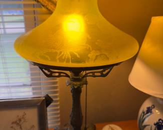 Art Nouveau Table Lamp, Vaseline Glass Etched Shade , Pittsburgh Lamp Co.