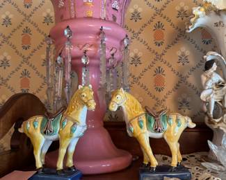 Pair of Pink Bristol Glass Lustre, Tang Horses