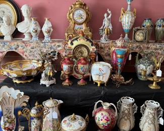 Assorted Cabinet Items including Pairs of Hand Painted Vases, Pickard Bowl, Prince Albert, Victoria, Bonn Clock and more