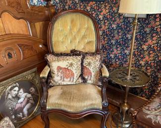 Victorian Parlor Chair next to a Walnut Full Size Panel back Bed