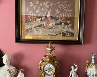 Needlepoint Framed, French Clock , Pr. Pairs Porcelain Candleholders, German Figurine