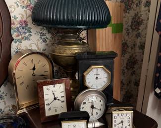 Brass Oil Lamp with Green Shade, Clocks
