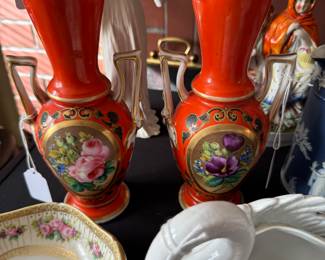 Pr Painted Orange Mantle Vases