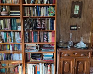 Teak Bookcase, Wash Stand, Waterford Decanters , Mirrored Plinths