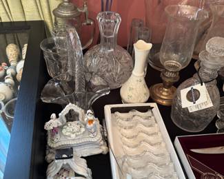 Assorted Glass Tableware and Staffordshire Fairies and Staffordshire Inkwells