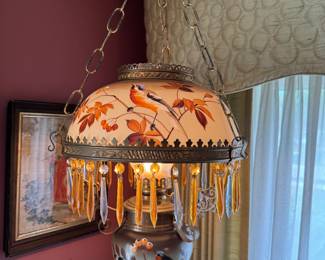 Hanging Oil Lamp, Reverse Painted